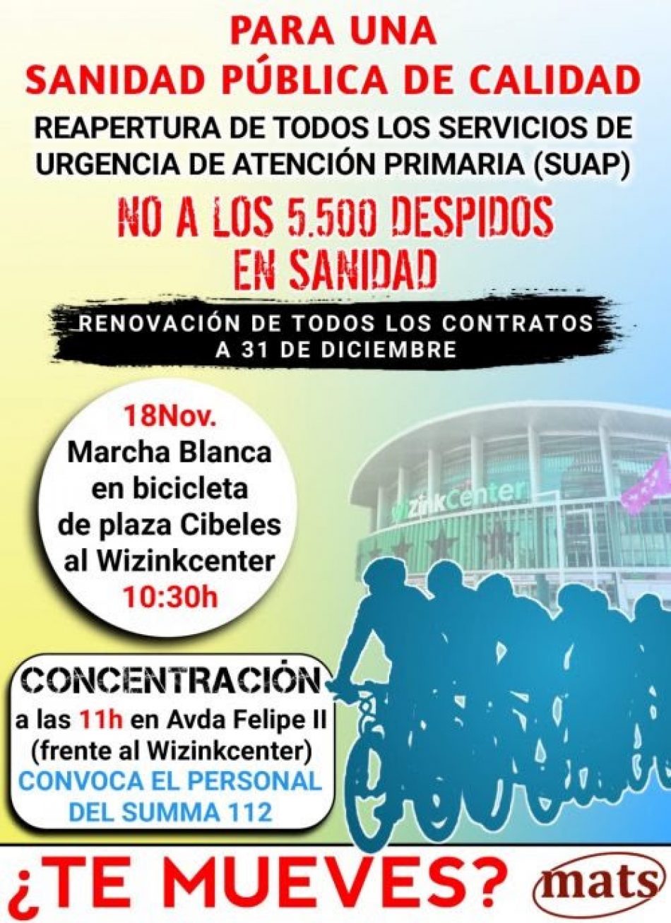 MATS convoca una marcha y concentración el 18-N: «¡No a los 5.500 despidos en Sanidad en la Comunidad de Madrid!»