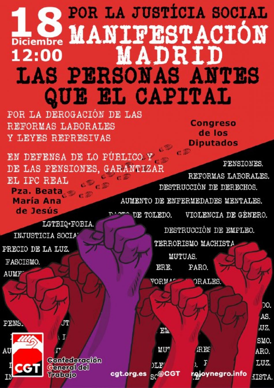 CGT llama a ocupar las calles el próximo 18 de diciembre ante la situación de crisis generalizada que soporta la clase trabajadora y a la amenaza de la extrema derecha