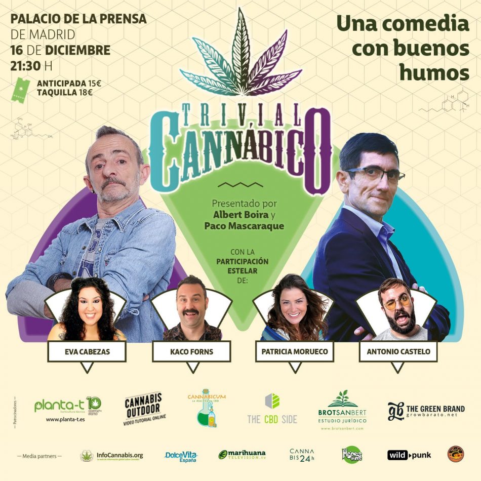 El Palacio de la Prensa de Madrid estrena «Trivial Cannábico», un show de humor en torno a la cultura del cannabis, con los cómicos Antonio Castelo, Kaco Forns o Eva Cabezas