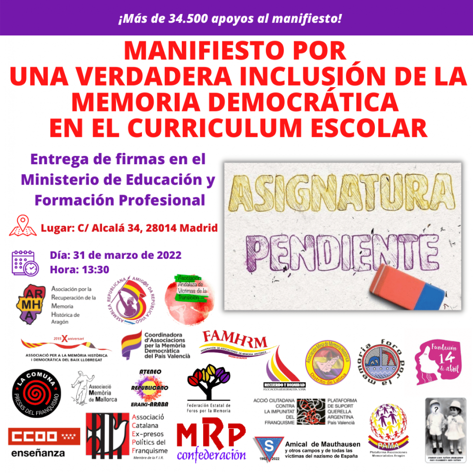 Este jueves se entregan más de 34.000 firmas pidiendo una “verdadera inclusión de la memoria histórica” en el currículum escolar