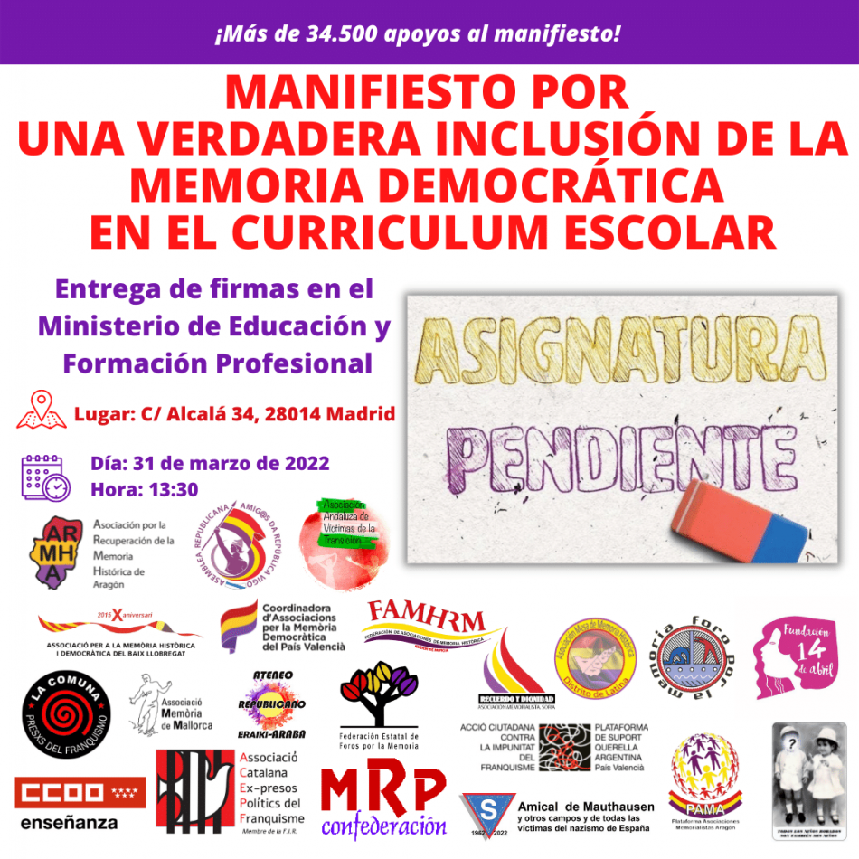 Este jueves se entregan más de 34.000 ﬁrmas pidiendo una “verdadera inclusión de la memoria histórica” en el currículum escolar