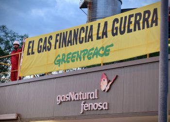 Activistas de Greenpeace escalan la central de Naturgy en Málaga para denunciar que quema gas ruso que financia la guerra en Ucrania