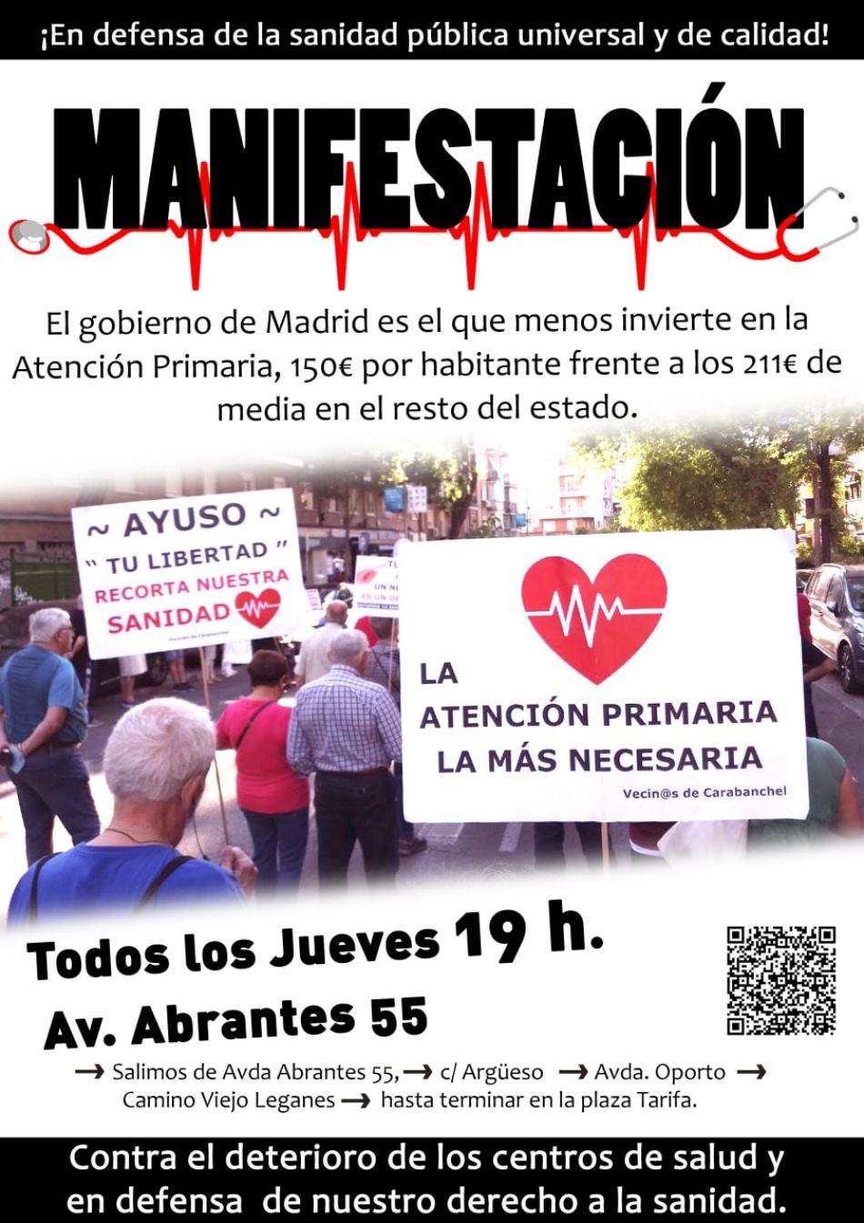 Este jueves 2 de junio a las 19:00h, la manifestación semanal desde el Centro de Salud Abrantes a Avenida de Abrantes 55 (Madrid)