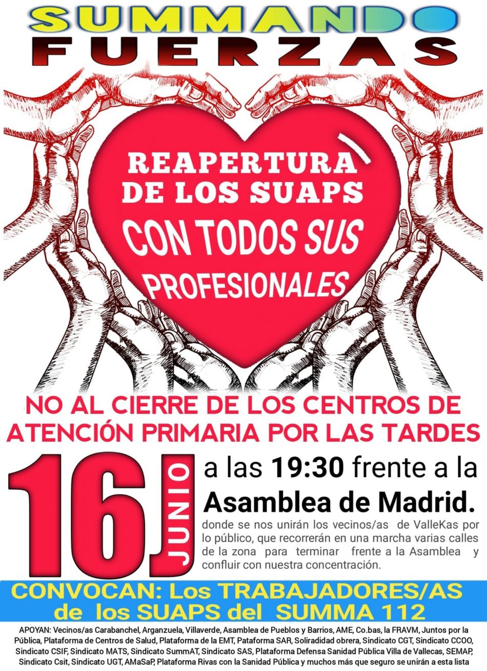 «No al cierre de los centros de Atención Primaria por las tardes»: 16-J, concentración frente a la Asamblea de Madrid