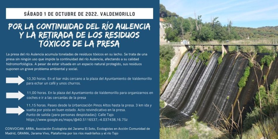 Organizan un paseo a la presa del río Aulencia para reclamar la extracción de los lodos tóxicos y la recuperación de la continuidad fluvial