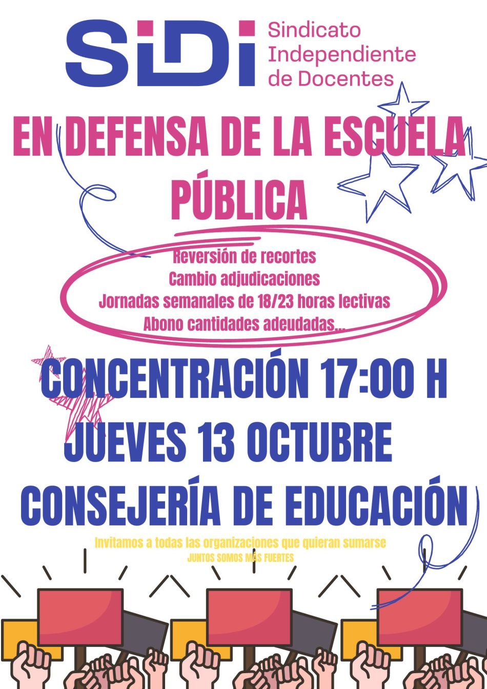 Concentración en defensa de la escuela pública, el 13 de octubre, frente a la Consejería de Educación de Murcia