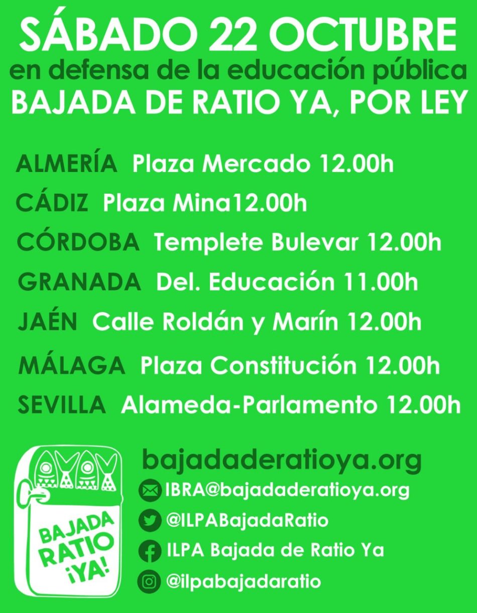 22 Octubre: Jornada andaluza de movilizaciones provinciales bajo el lema “en defensa de la educación pública, bajada de ratio ya por ley”