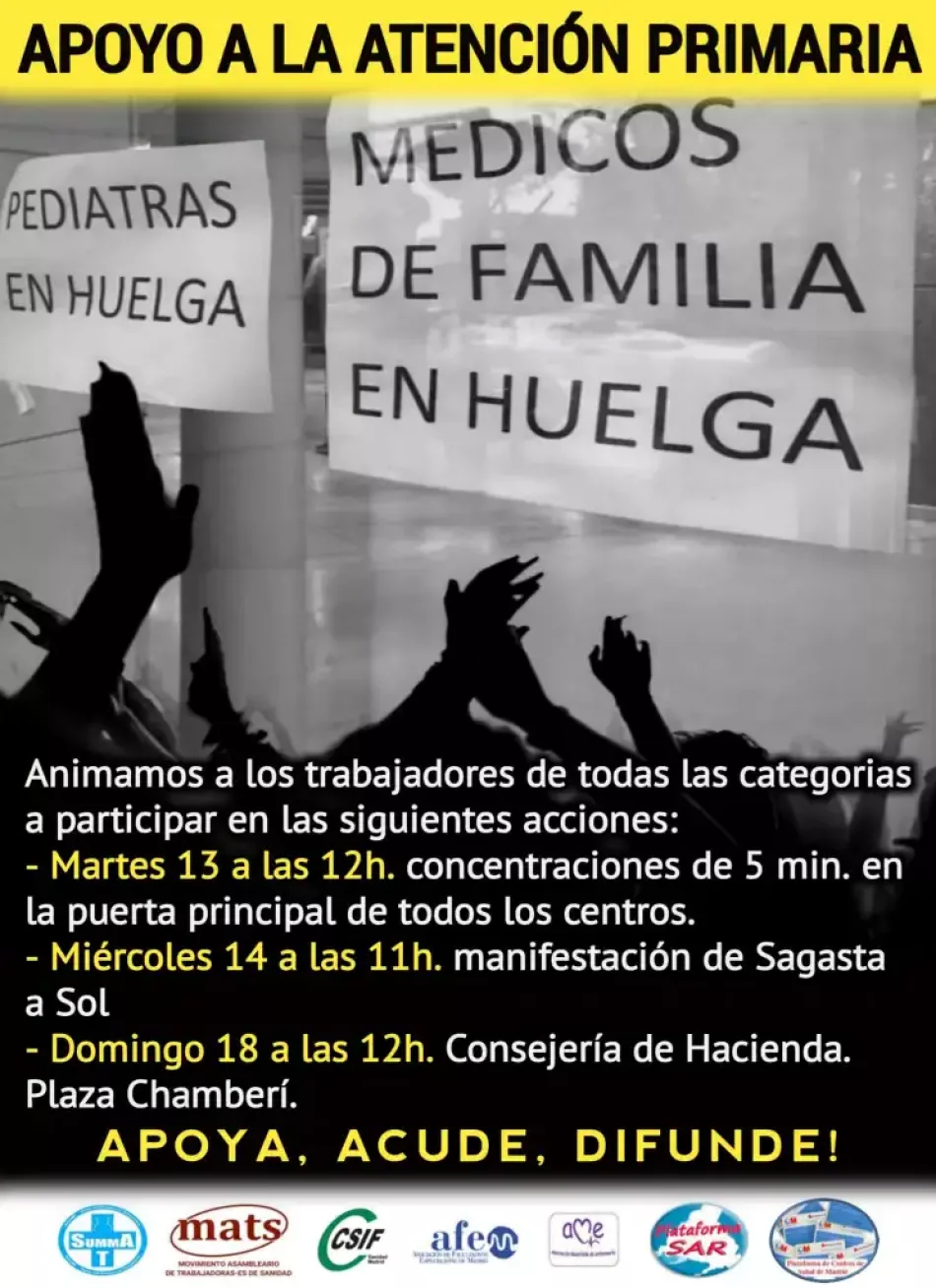 MATS apoya la huelga indefinida de los médicos de familia y pediatras de Atención Primaria madrileña, convocada por AMYTS