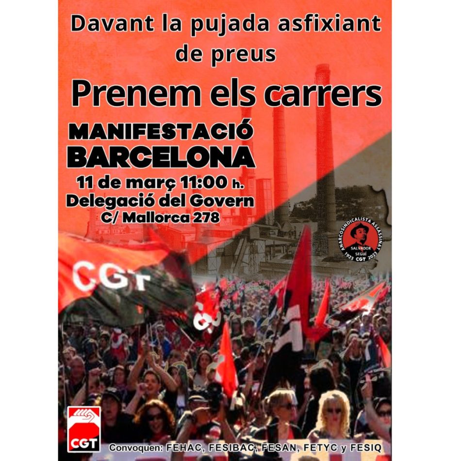 CGT convoca una manifestación contra la perdida de poder adquisitivo en Barcelona el próximo 11 de marzo