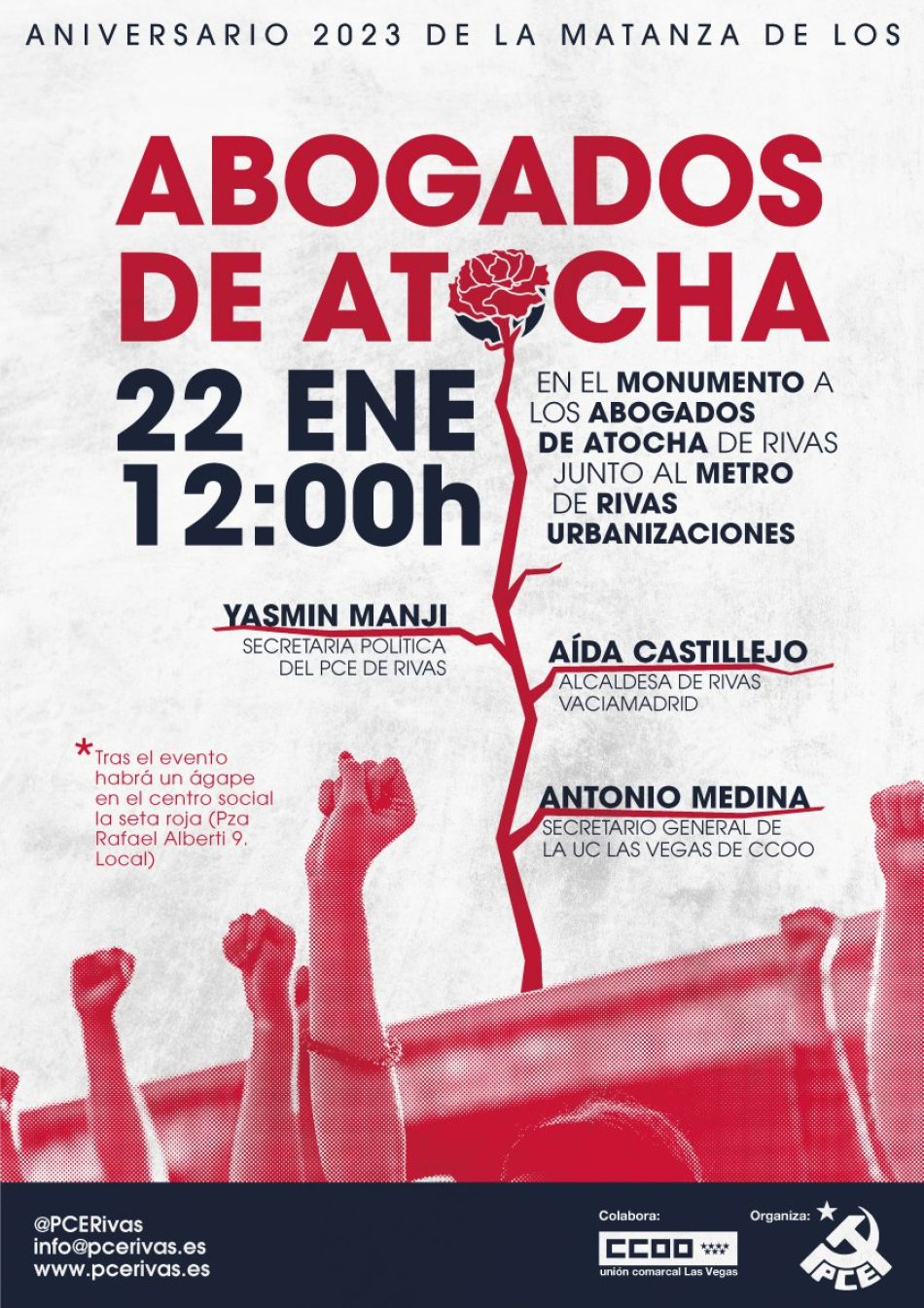 El PCE de Rivas convoca su tradicional homenaje a los abogados de Atocha, el próximo 22 de enero a las 12:00