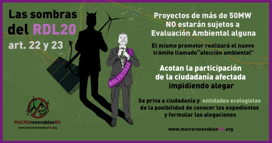 Entidades y plataformas ciudadanas se oponen a los art. 22 y 23 del RDL 20/2022 que eximen a los macro proyectos renovables de evaluaciones ambientales