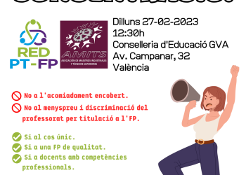Convocada jornada parcial de huelga en  los centros de secundaria de la Comunidad Valenciana y concentración ante la Consellería contra la discriminación del profesorado de FP: 27-F