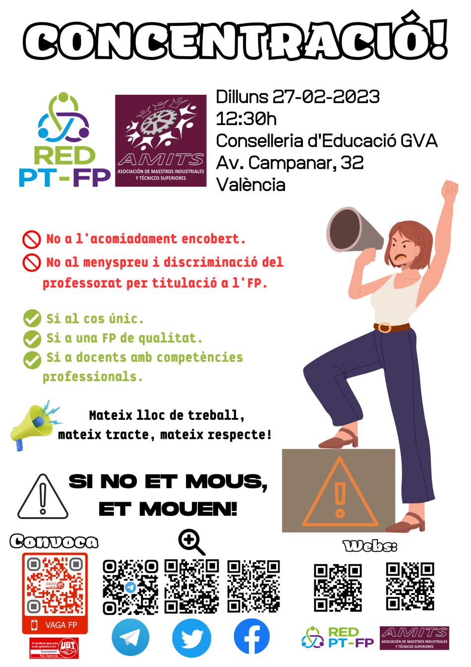 Convocada jornada parcial de huelga en  los centros de secundaria de la Comunidad Valenciana y concentración ante la Consellería contra la discriminación del profesorado de FP: 27-F