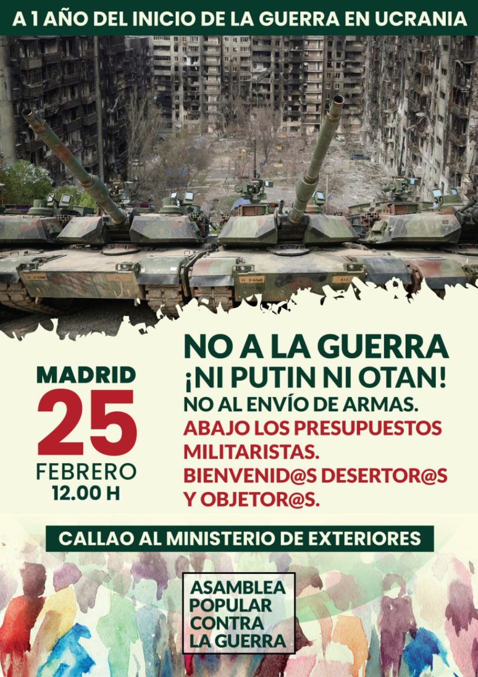 Movilizaciones en el estado español por la Paz en Ucrania en el primer aniversario de la guerra: 24 y 25 de febrero