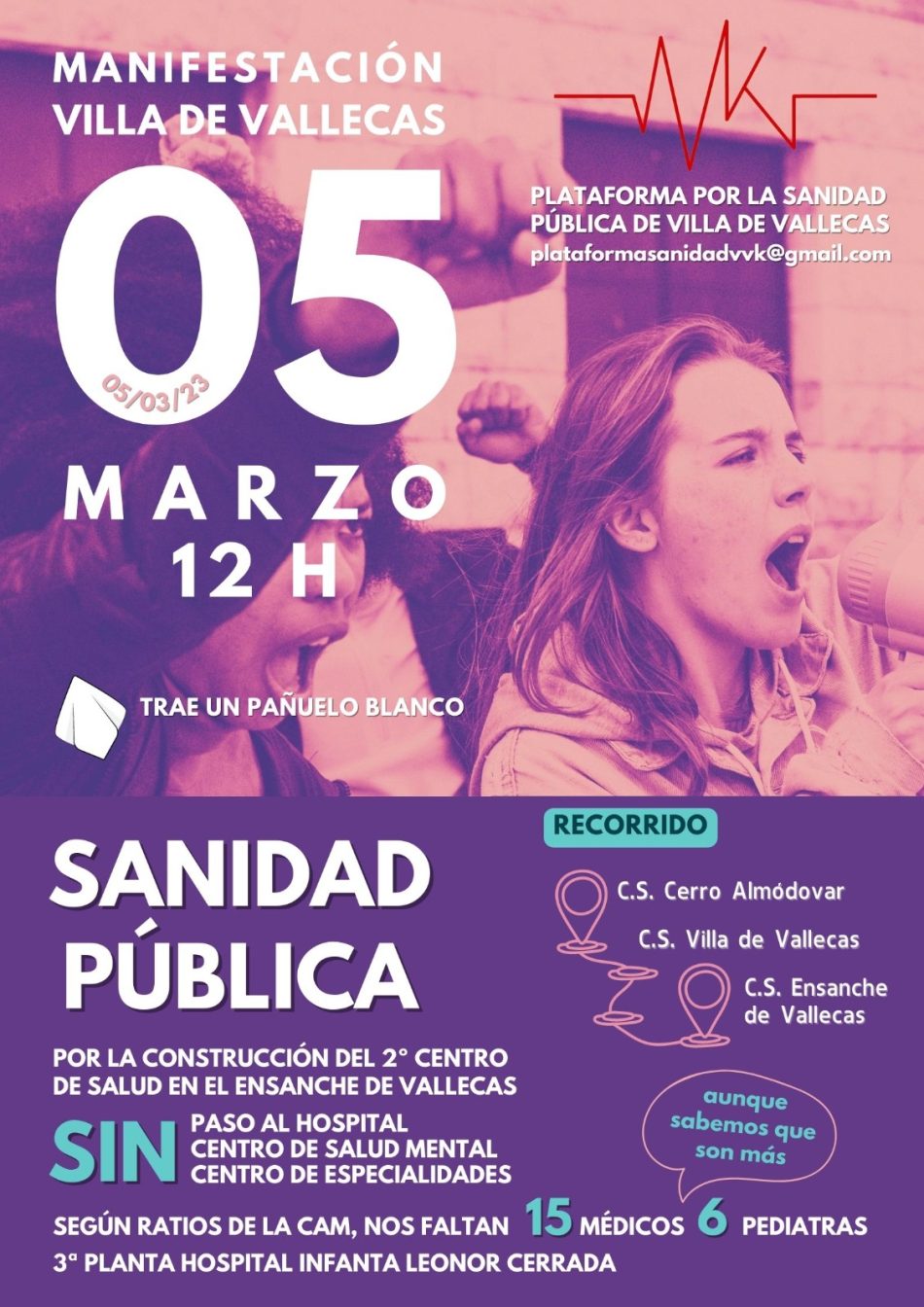 Una manifestación por la sanidad pública recorrerá este domingo los tres centros de salud de Villa de Vallecas