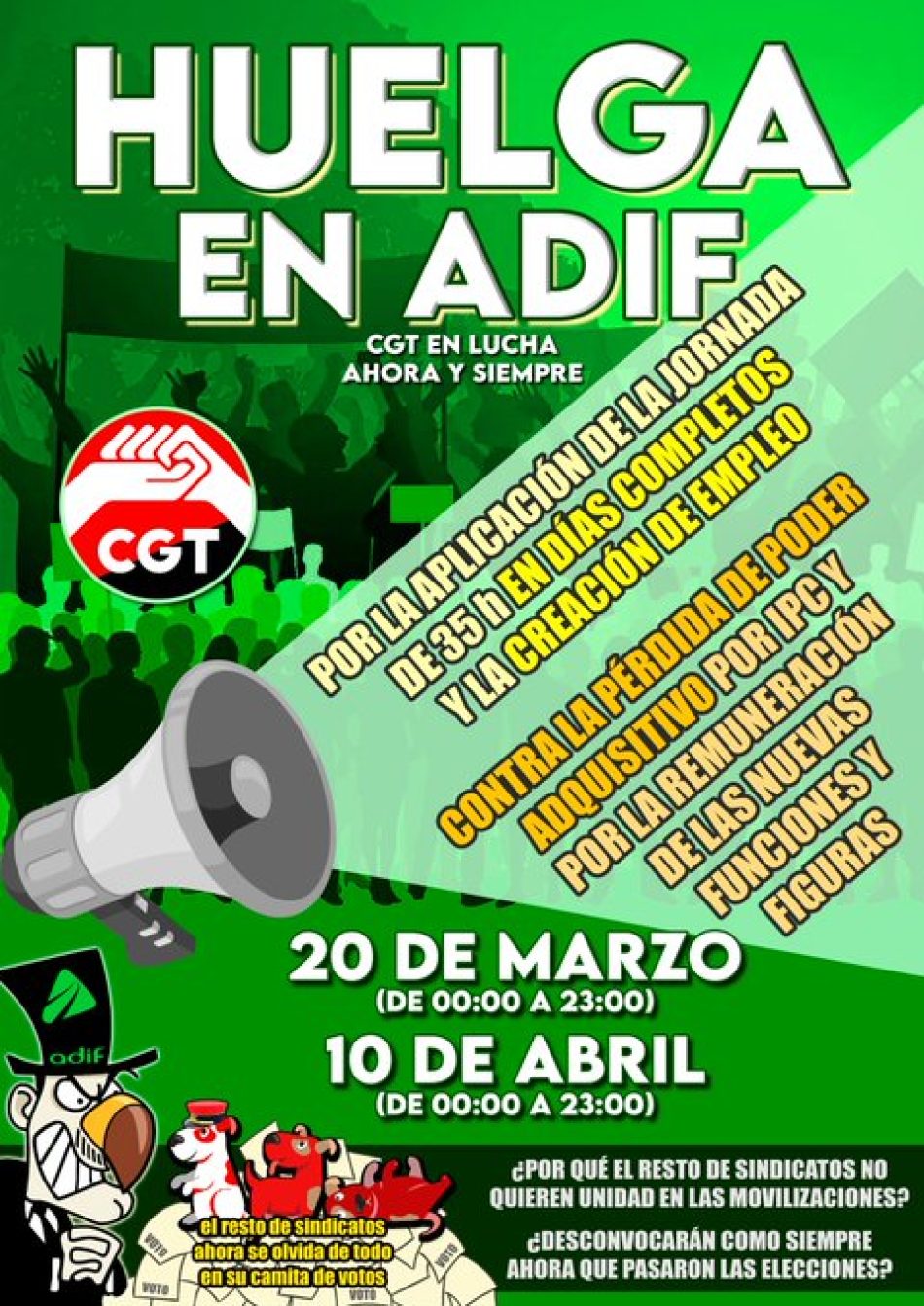 CGT convoca huelgas en ADIF para los días 20 de marzo y 10 de abril