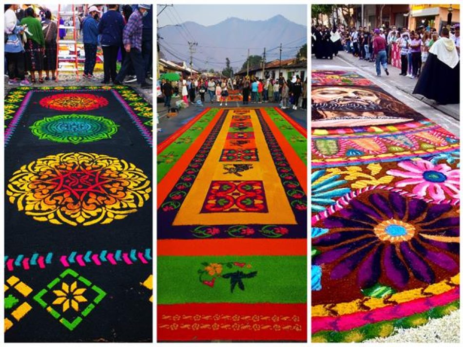 Alfombras de aserrín, el arte efímero florece en Guatemala