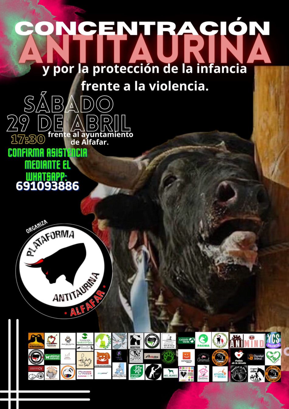 Concentración antitaurina y para proteger a la infancia el sábado frente al ayuntamiento de Alfafar (Valencia)
