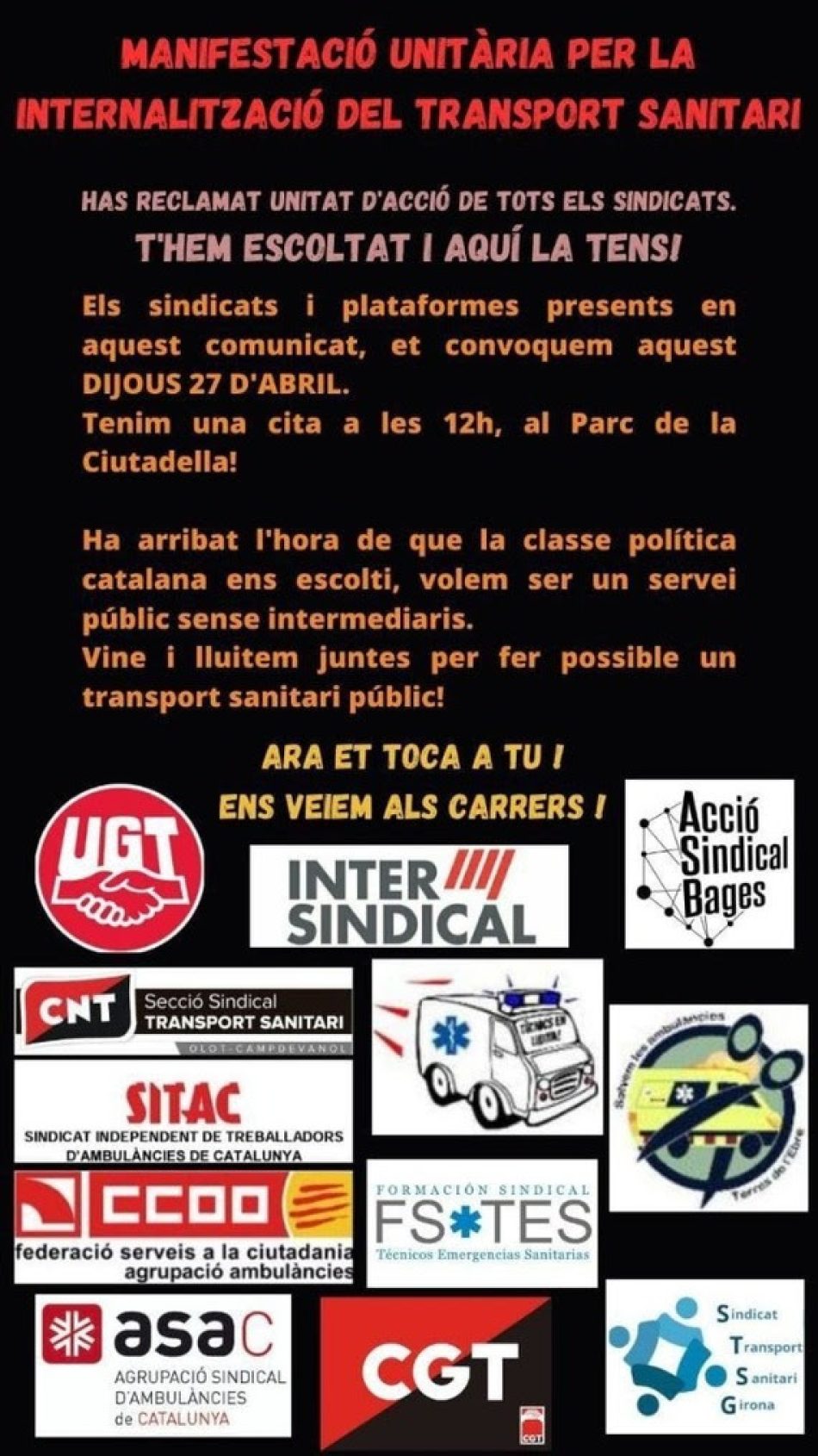Concentració el 27 d’abril al Parlament de Catalunya per la internalització del servei d’ambulàncies