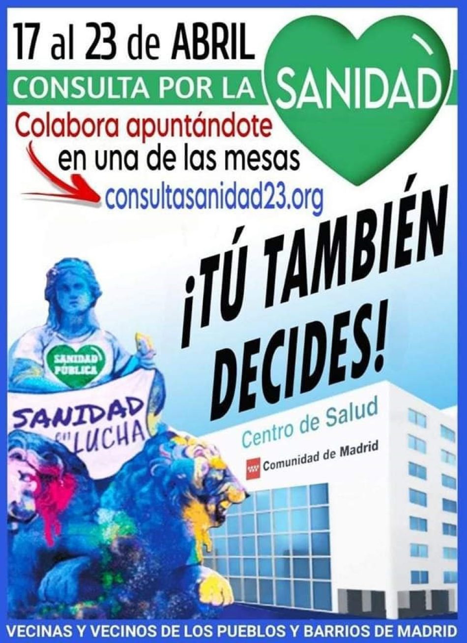Espacio plural Vecinas y vecinos de los barrios y pueblos de Madrid convoca una consulta por la Sanidad entre los días 17 y 23 de abril