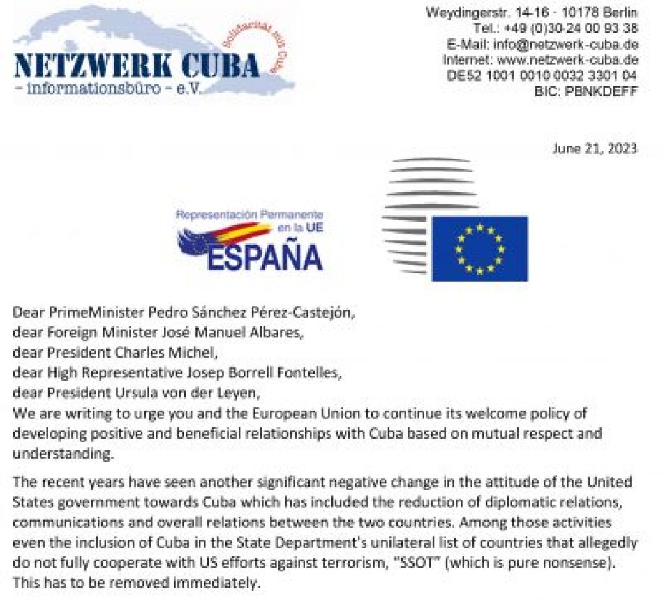 Cientos de asociaciones solidarias con Cuba envían carta a la nueva presidencia del Consejo Europeo reclamando medidas frente a Ley Helms-Burton de EEUU