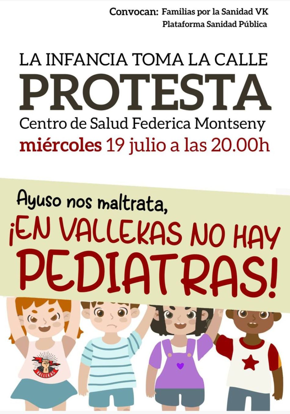 Cientos de familias de Vallecas convocan una protesta contra el Gobierno Ayuso por la falta de un tercio de los pediatras del distrito: 19J