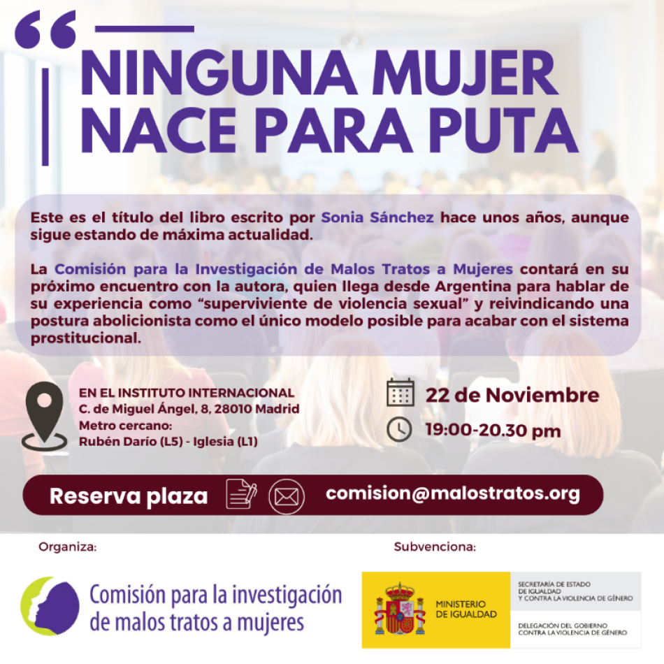 La CIMTM organiza una conferencia sobre prostitución y trata con Sonia Sánchez, autora del libro «Ninguna Mujer nace para puta»