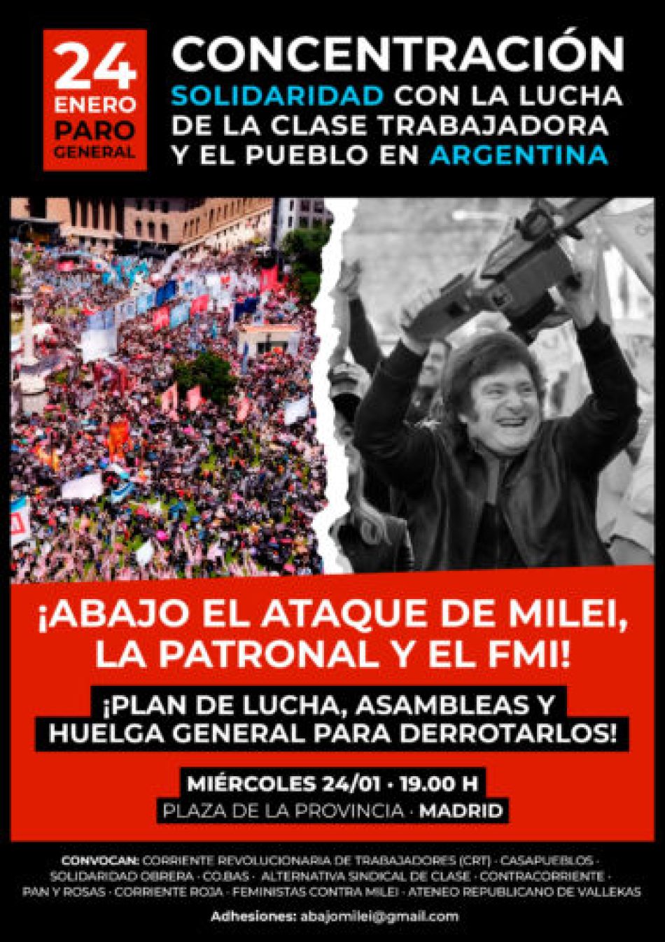 Sindicatos, organizaciones sociales y políticas se movilizarán el 24 de enero en Madrid en solidaridad con el paro general en Argentina