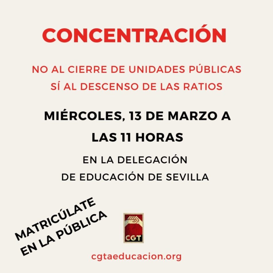 Convocadas concentraciones en defensa de la educación pública en las Delegaciones andaluzas, el 13 de marzo