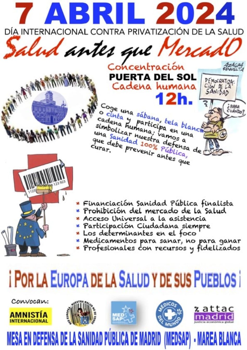 Medsap – Marea Blanca convoca concentración y cadena humana el 7 de abril en Sol (Madrid): «Salud antes que mercado»