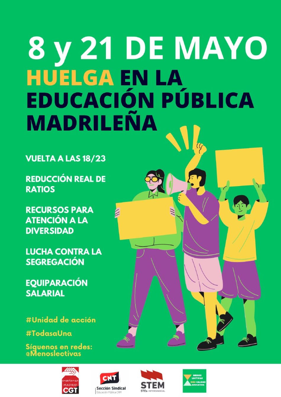 El Comité de Huelga ante los servicios mínimos abusivos en la huelga de Educación madrileña convocada los días 8 y 21 de mayo por CGT, CNT, STEM y Asambleas Menos Lectivas