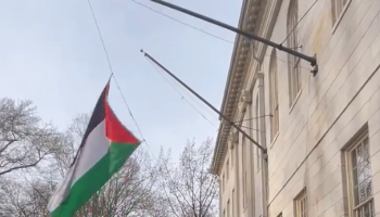 Estudiantes en Harvard izan la bandera palestina en lugar de la de EEUU