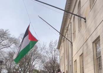 Estudiantes en Harvard izan la bandera palestina en lugar de la de EEUU