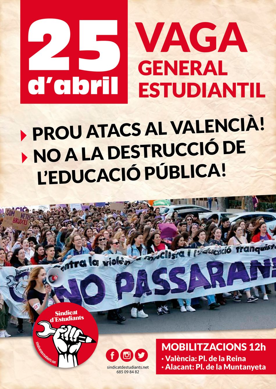 Convocan movilizaciones y huelga estudiantil el 25 de abril ante los nuevos ataques a la escuela pública, al valenciano y contra la memoria histórica por parte del Govern de PP y Vox