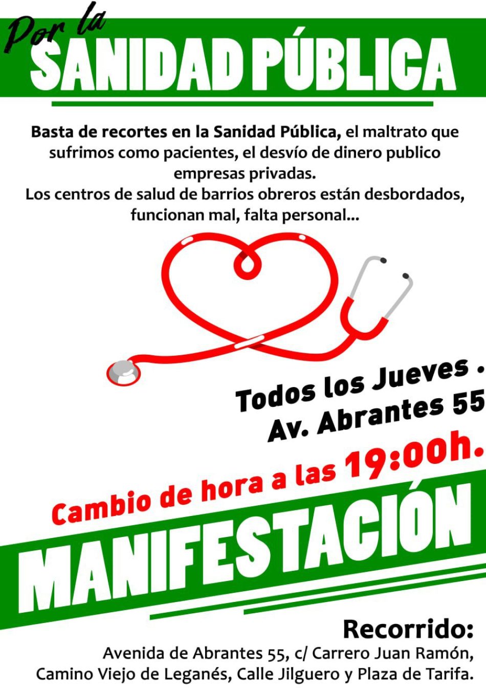 La manifestación en defensa de la Sanidad Pública en Carabanchel, comenzará a las 19 horas este jueves