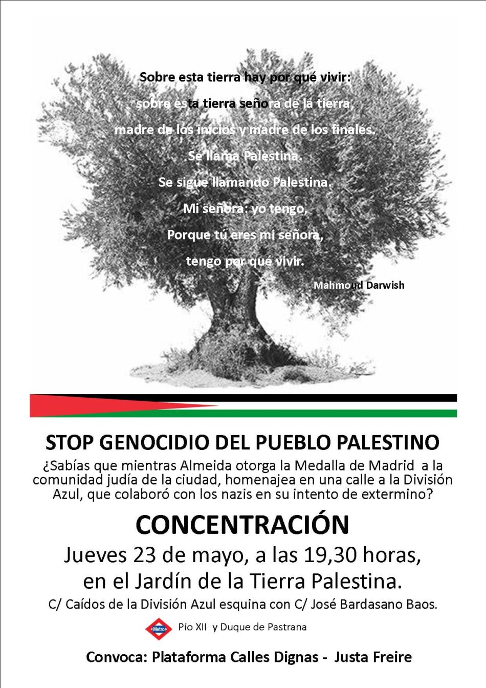 La Plataforma Calles Dignas-Justa Freire convoca concentración contra el genocidio que está sufriendo el pueblo palestino: 23 de marzo