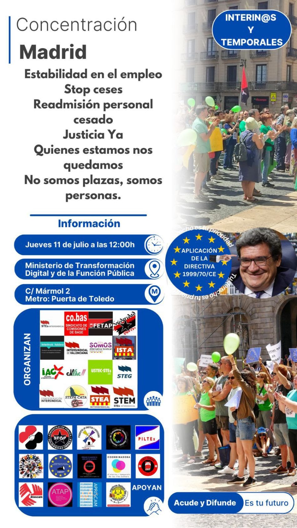 Convocan el próximo jueves 11 una concentración ante el Ministerio de Función Pública para reivindicar un cambio normativo que estabilice al personal en abuso de temporalidad