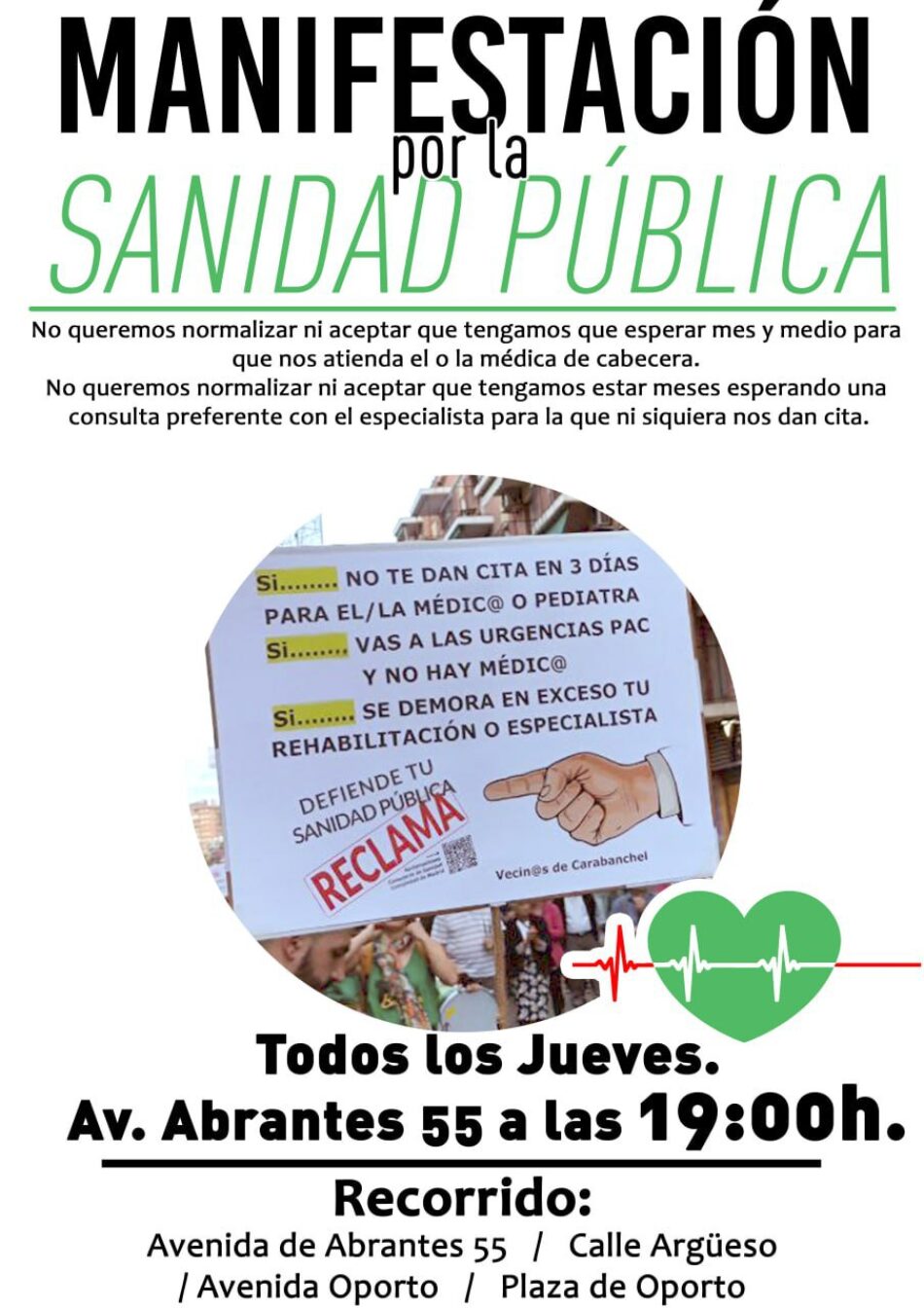 Este jueves, la manifestación semanal en Carabanchel en defensa de la Atención Primaria y de nuestros centros de salud cambia su recorrido