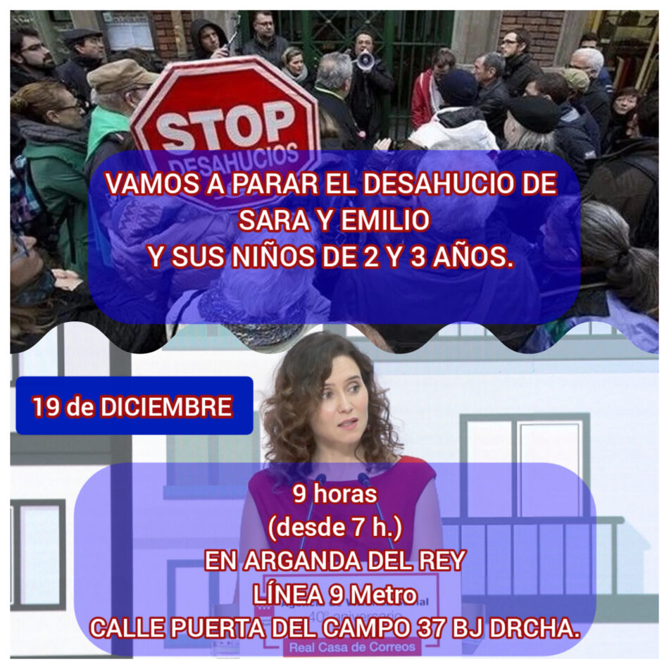 Llaman a parar el desahucio de Sara y Emilio en Puerta del Campo 37 (Arganda del Rey, Madrid)