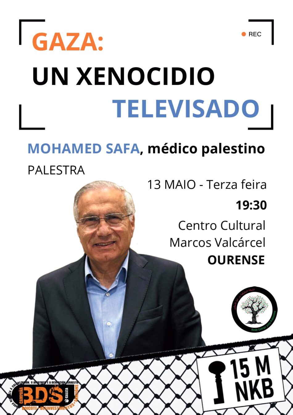 Palestra de Mohamed Safa, médico palestino, en Ourense no día 13 de maio: «Gaza: un xenocidio televisado»