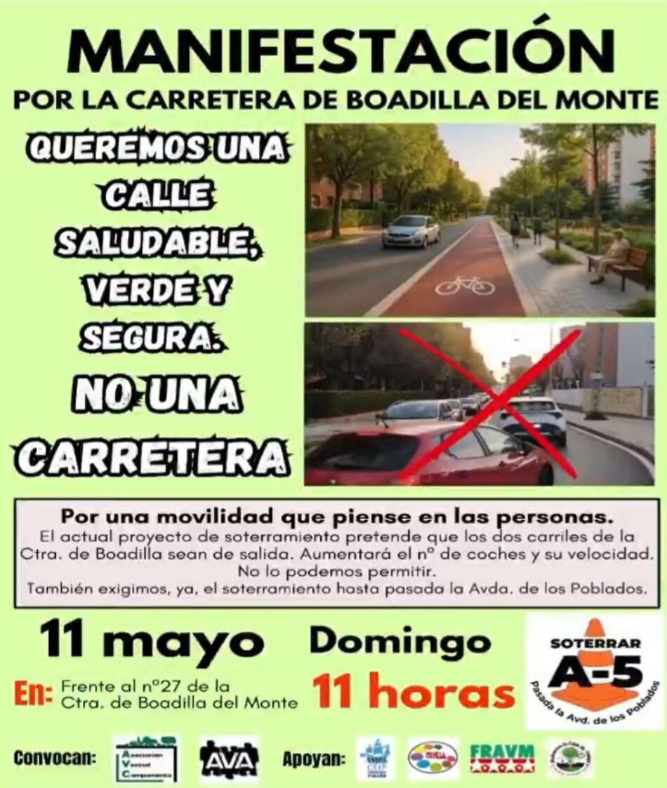 Las asociaciones vecinales de Aluche y Campamento exigen al Ayuntamiento que la Carretera de Boadilla del Monte sea una calle saludable, verde y segura y no lo que propone el actual soterramiento de la A5