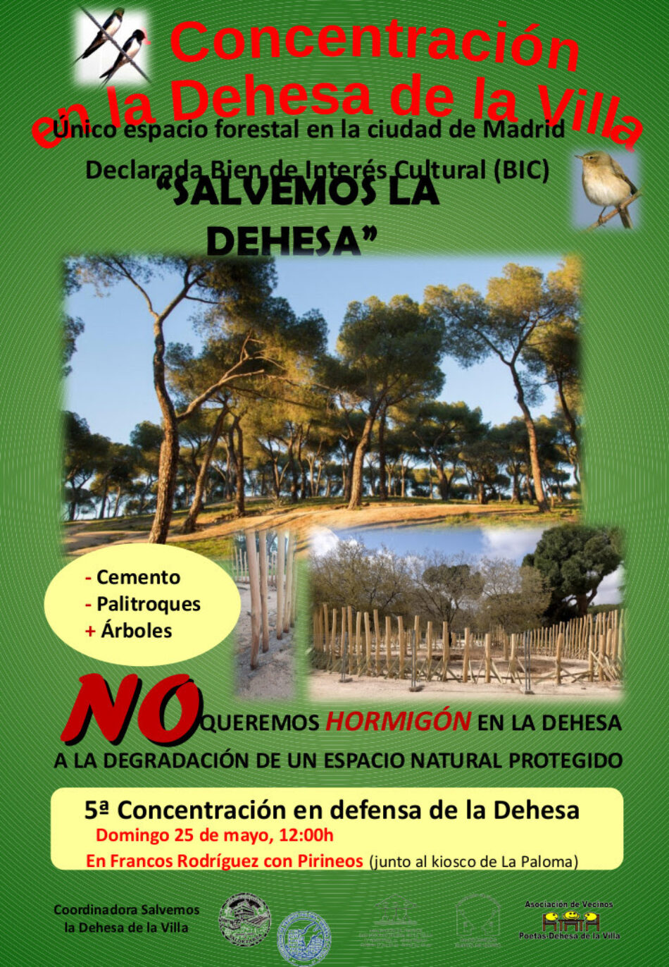 Quinta concentración para «salvar la Dehesa de la Villa de hormigón y palitroques», junto al kiosco de La Paloma (Madrid)