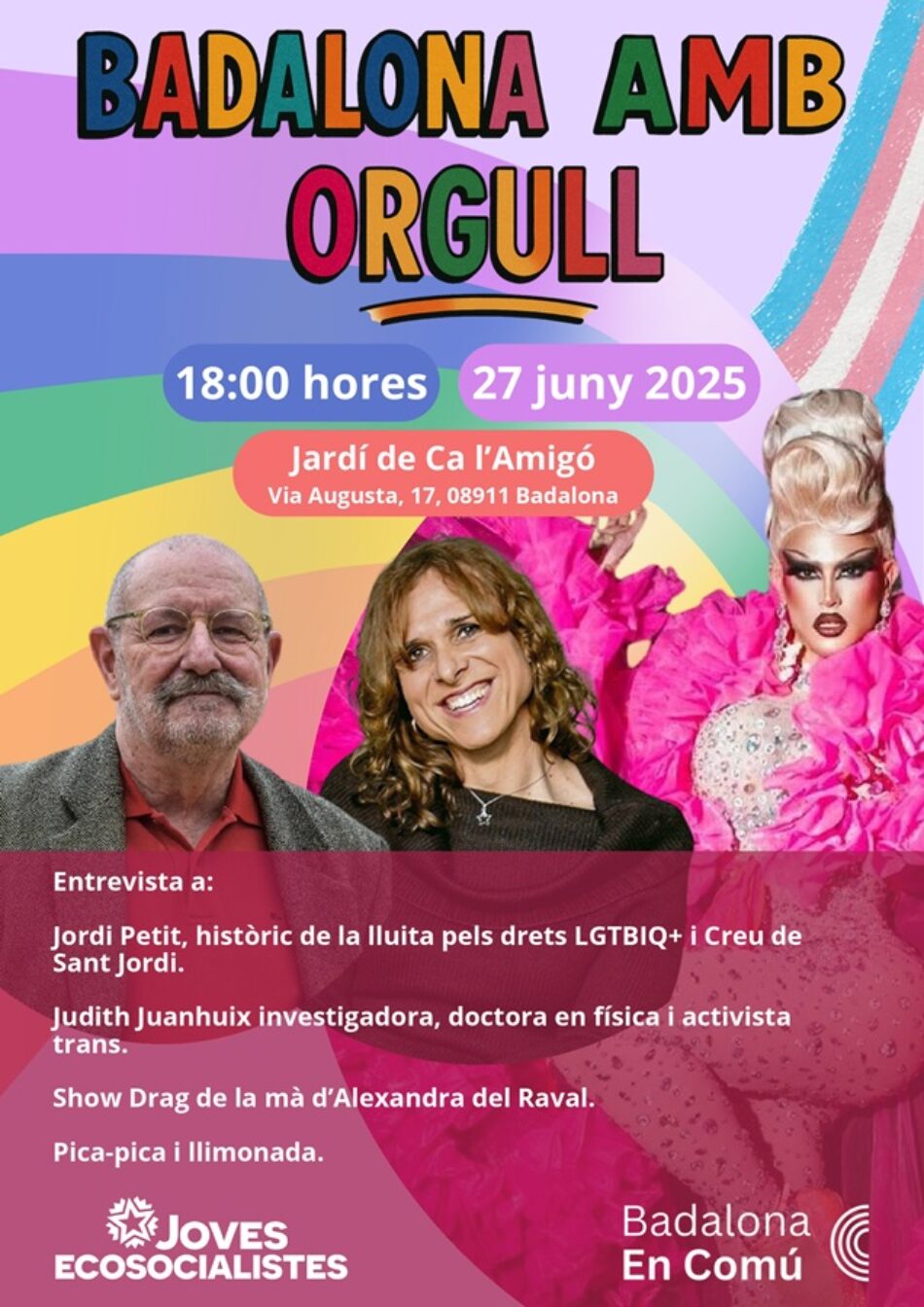Badalona En Comú celebrarà l’Orgull LGTBIQ+ amb una jornada festiva i reivindicativa divendres vinent als jardins de Ca l’Amigó