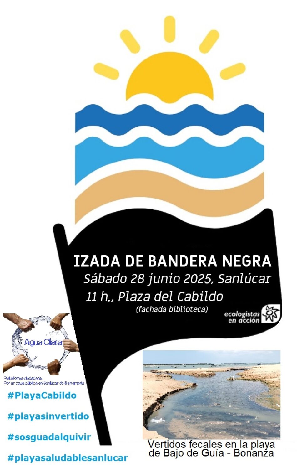 Bandera Negra para la playa urbana de Sanlúcar (Cádiz) por los vertidos contaminantes a la playa y al Guadalquivir