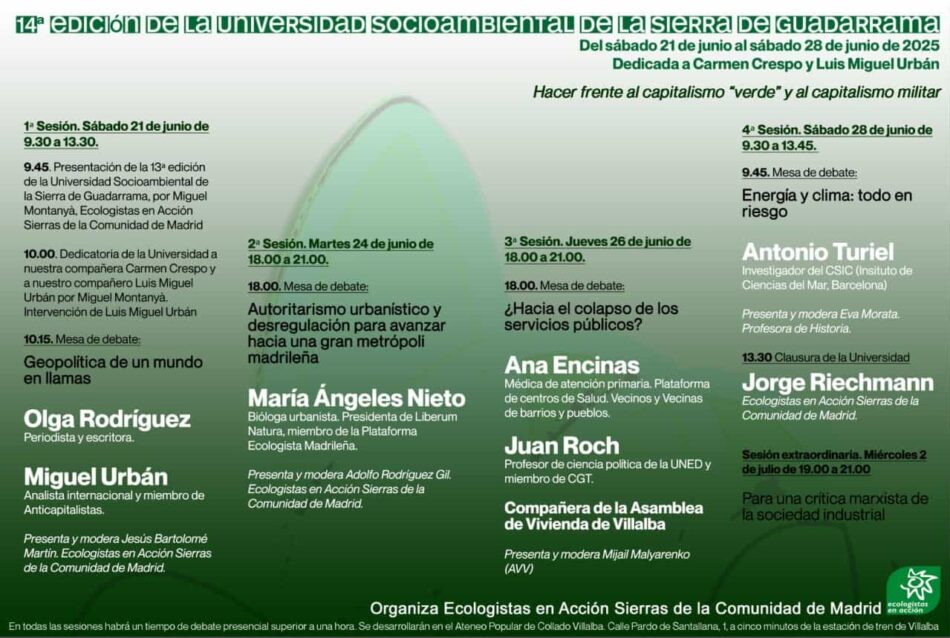 La 14ª Universidad Socioambiental de la Sierra de Guadarrama abordará el contexto de luchas auspiciadas por el capitalismo “verde” y el capitalismo militar