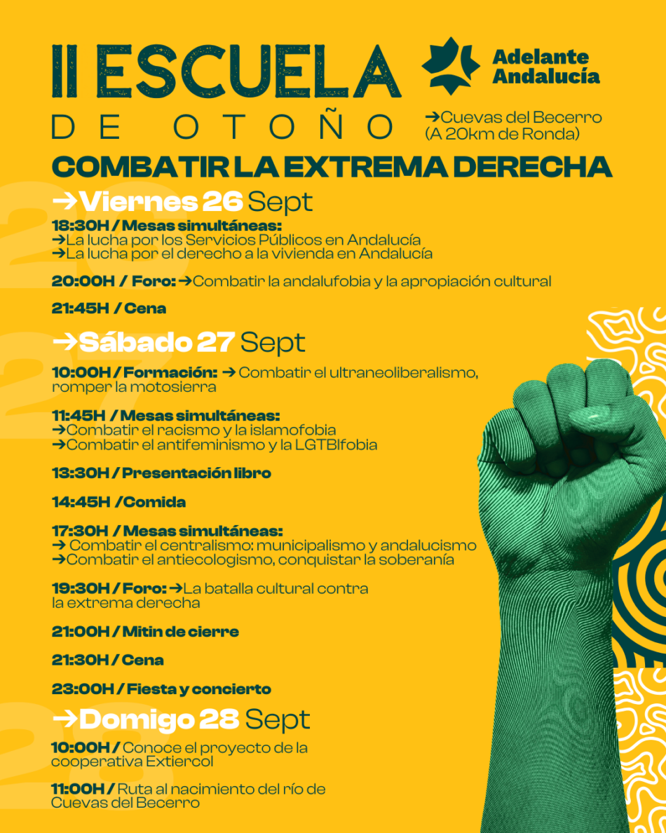Adelante Andalucía presenta el programa y las inscripciones para su II Edición de Escuela de Otoño que abordará la temática de combatir la extrema derecha