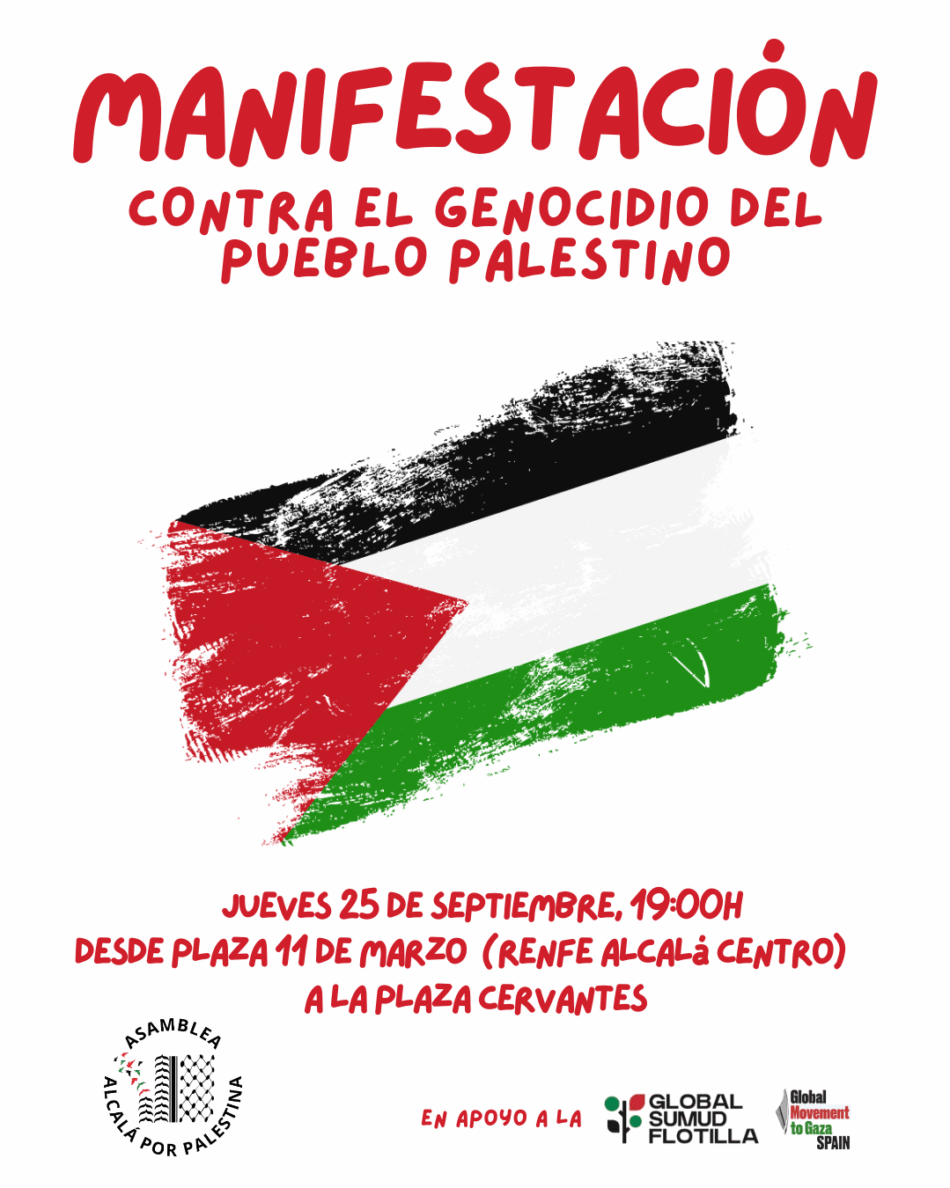 Convocada para este jueves manifestación en Alcalá de Henares en contra del genocidio en Gaza y en apoyo a la Global Sumud Flotilla