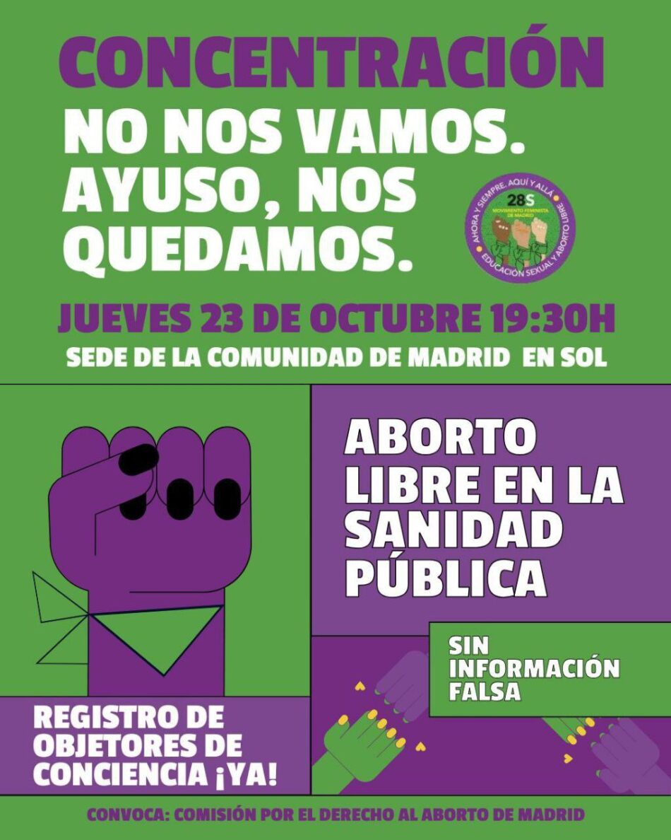 La Comisión por el Derecho al Aborto de Madrid convoca una concentración para exigir que las IVE se realicen en la sanidad pública, sin informaciones falsas, y la creación del registro de objetores de conciencia