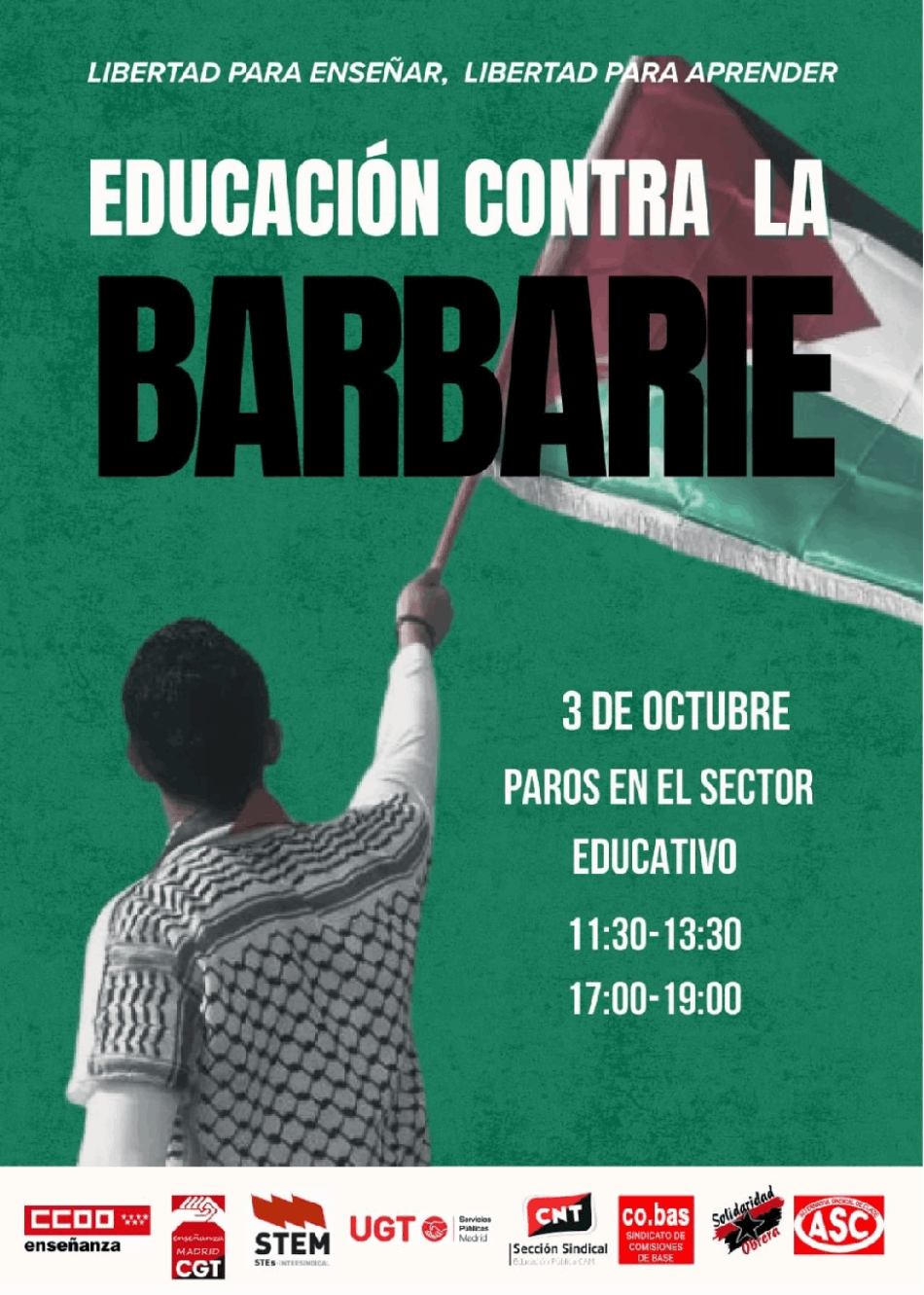 Sindicatos de enseñanza convocan paros para el 3 de octubre contra la barbarie en Gaza
