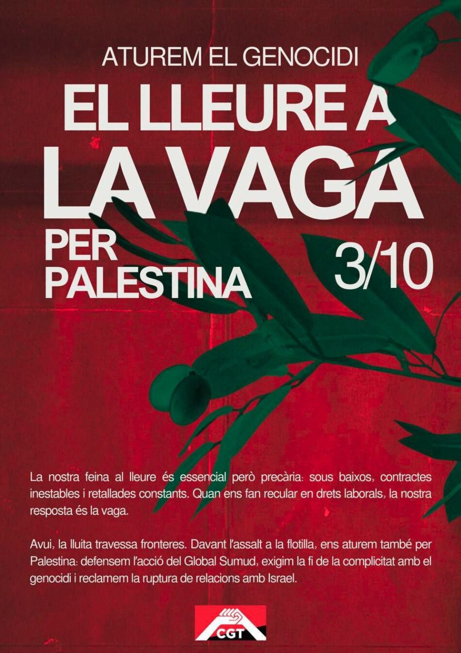 CGT convoca vaga per Palestina al sector educatiu el dia 3 d’octubre